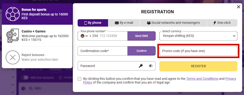 Helabet Enter Promo Code field in the registration form Screenshot